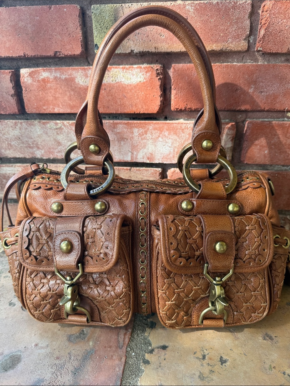 Isabella Fiore Cognac Brown Woven Leather Satchel